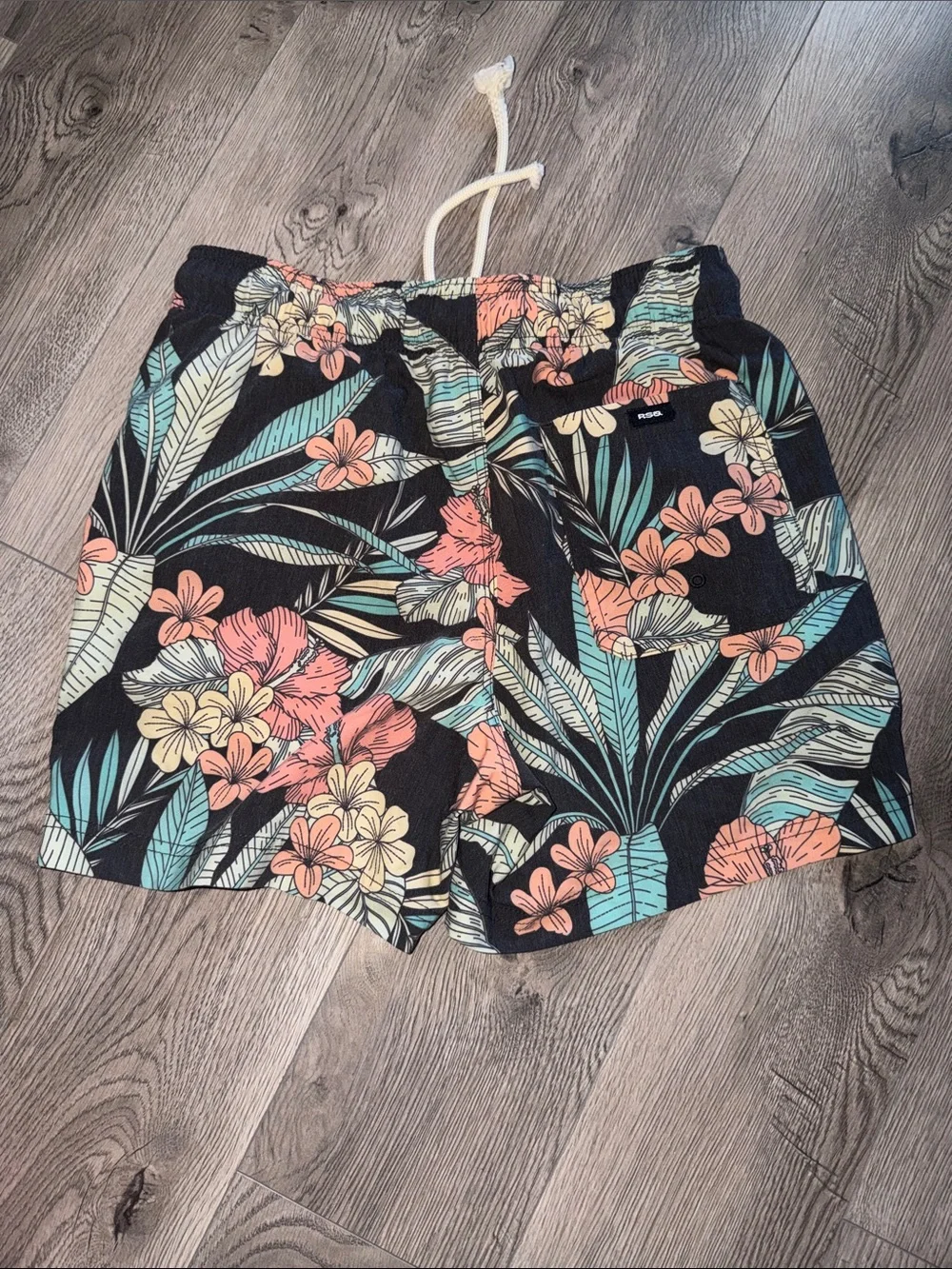 RSQ Mens Floral Drawstring Shorts - Grey with Coral & Teal Floral
